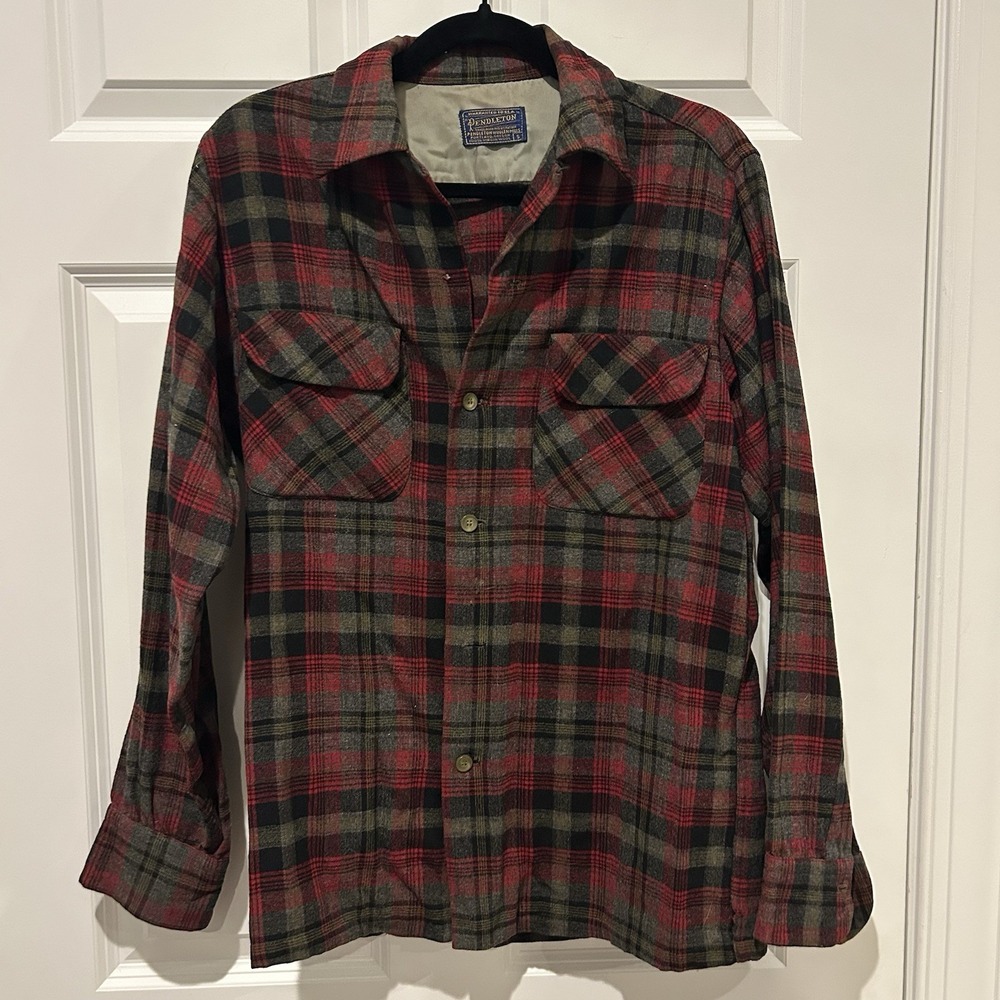 Vtg 60s Pendleton Board Shirt Wool Shadow Plaid Red Black Grey S FLAW